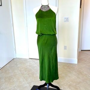 Rebecca Davies green, silk halter dress with beading at neckline.  Size- small